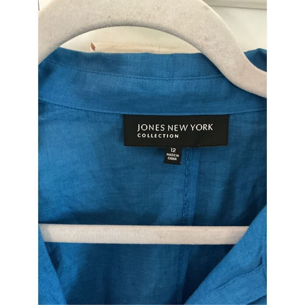 Jones New York 100% Linen Royal Blue Button Up Top Sz 12 Embroidered Detail - Picture 2 of 7
